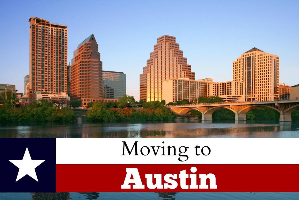 Moving to Austin. The background shows the city of Austin skyline