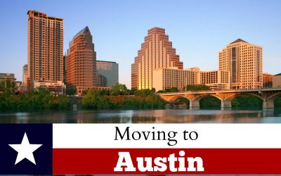 Moving to Austin. The background shows the city of Austin skyline
