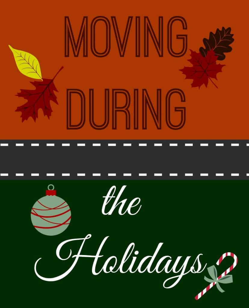 Moving During the Holidays. There are fall leaves, a green tree ornament, and a candy cane on the image.