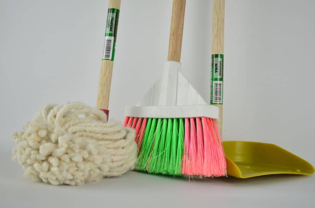 mop, broom, and dustpan