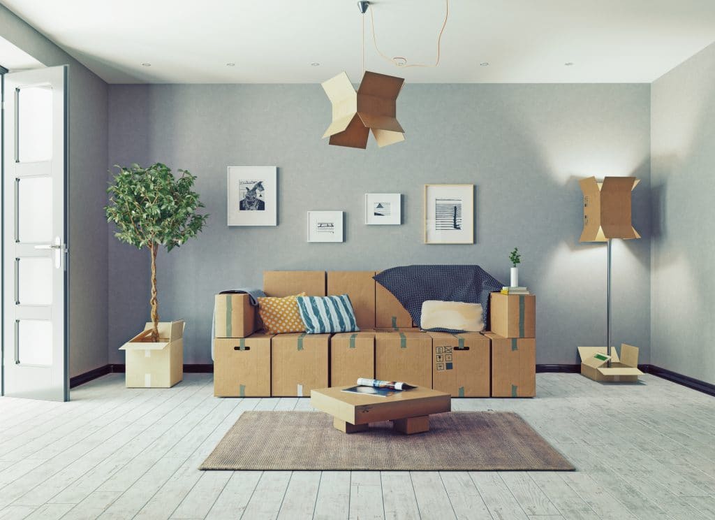 living room with furniture made out of cardboard boxes