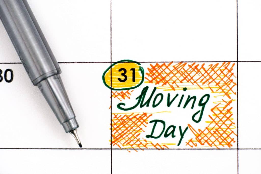 Calendar with the 31st circled and filled in. It says 'moving day'